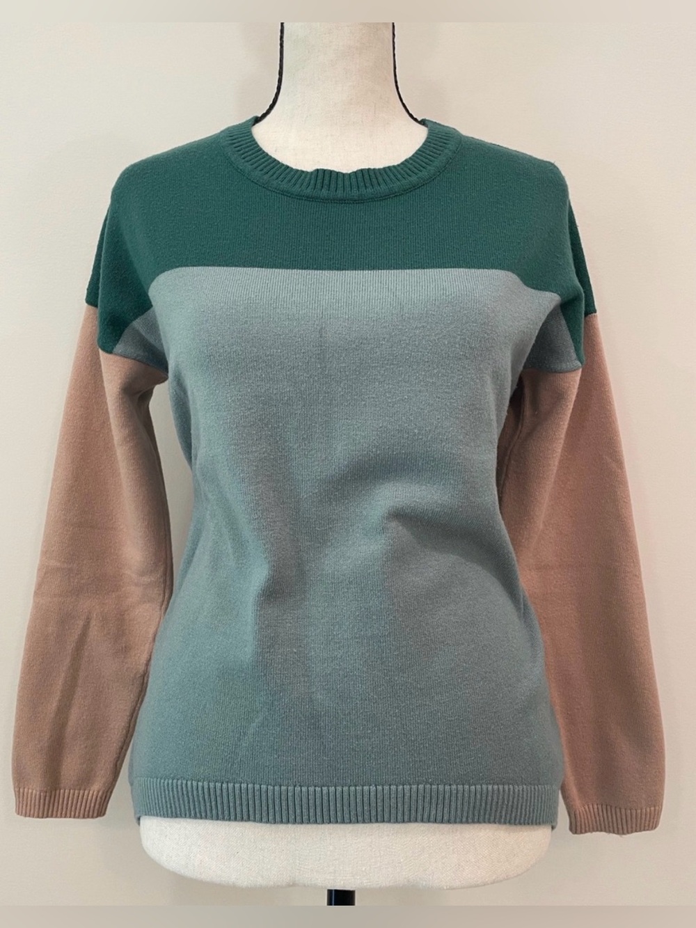 Colorblock Viscose Knit Sweater Women’s Small Crewneck Sage Green Taupe Soft